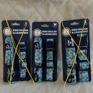 Life Is Good Dog Collar & Leash Set - Aqua and Navy 5 Foot Leash